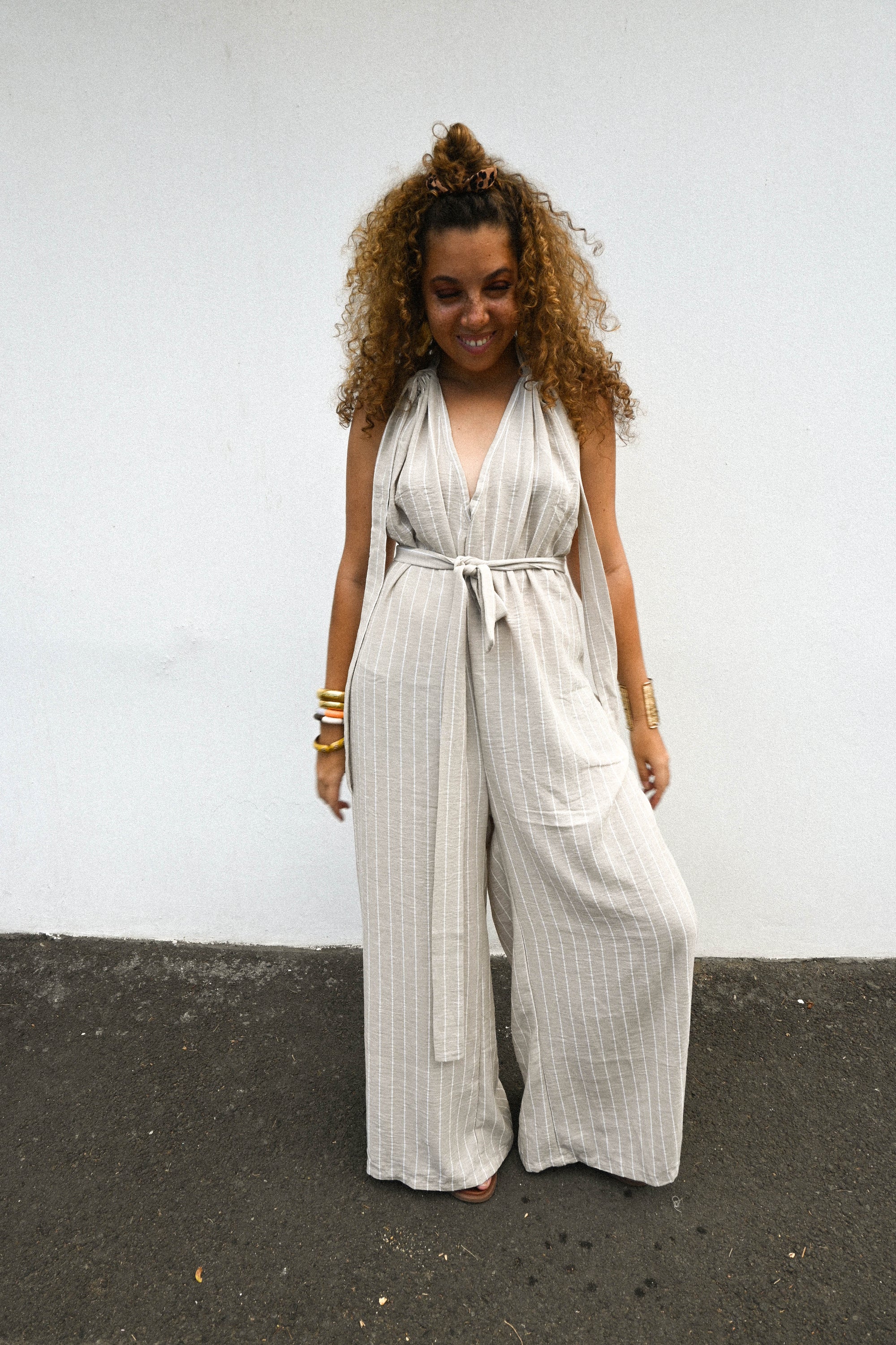 Combinaison saline - lin rayé beige
